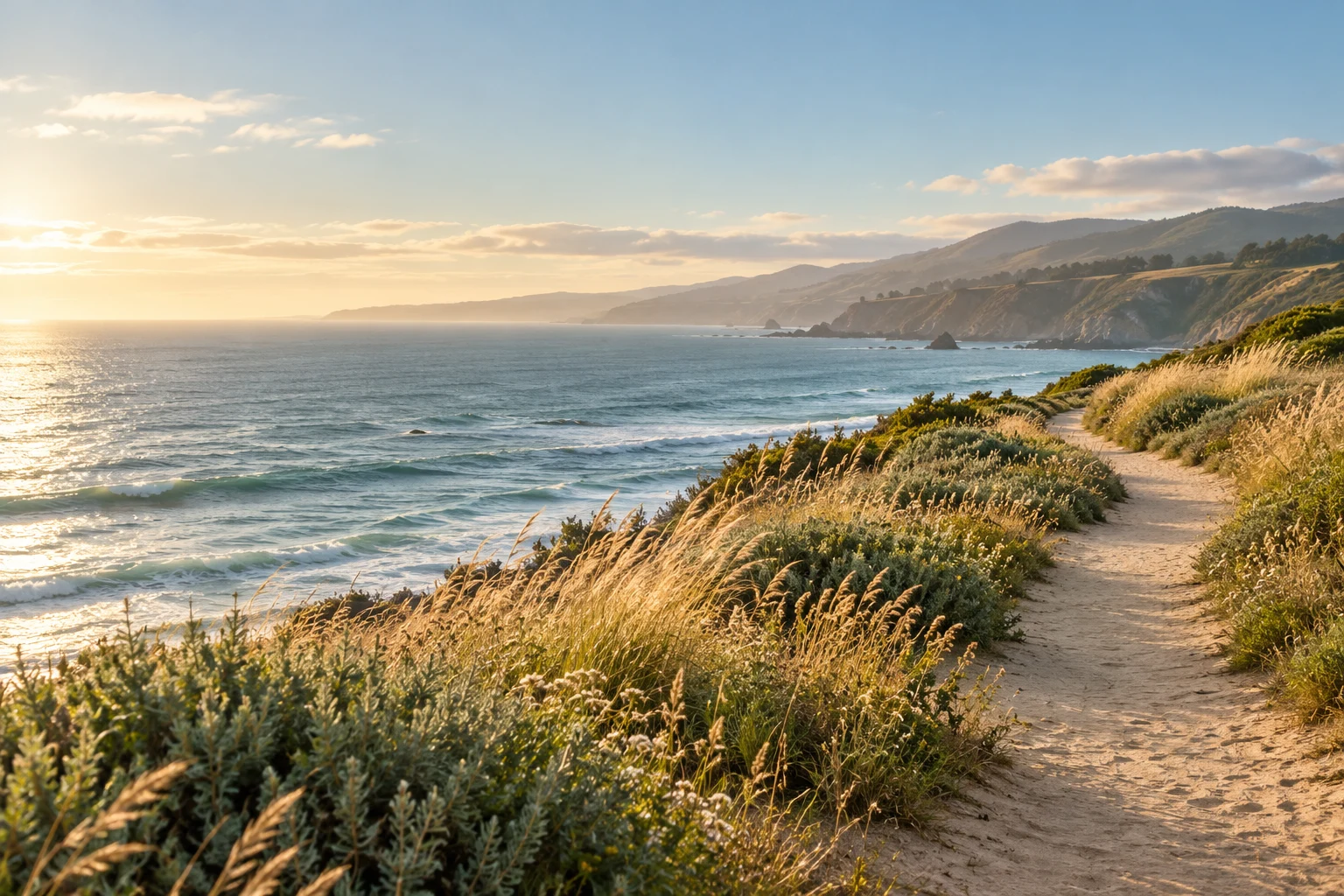 An illustrated coastal path opening toward the sea